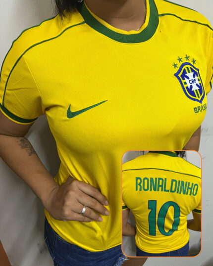 Camisa Brasil Amarelo Retrô Ronaldinho 1998/99 Feminina / Infantil